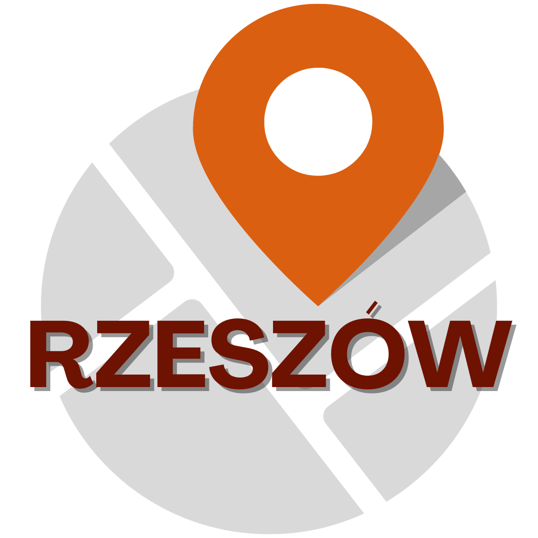 Stylizowana mapa z pinem lokalizacyjnym w kolorze pomarańczowym umieszczonym na górze. Pod pinem znajduje się napis "RZESZÓW".