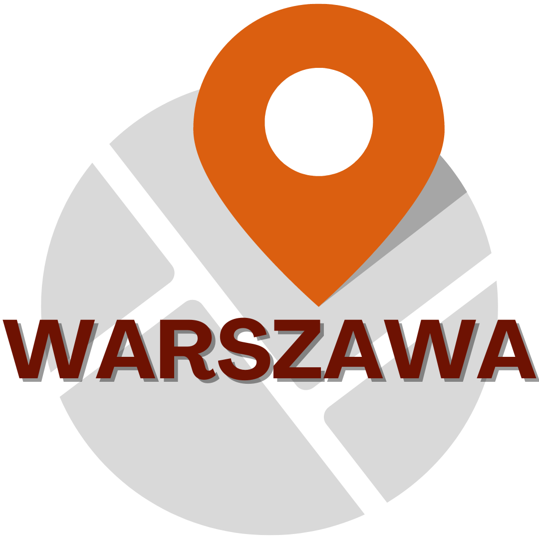 Stylizowana mapa z pinem lokalizacyjnym w kolorze pomarańczowym umieszczonym na górze. Pod pinem znajduje się napis "WARSZAWA".