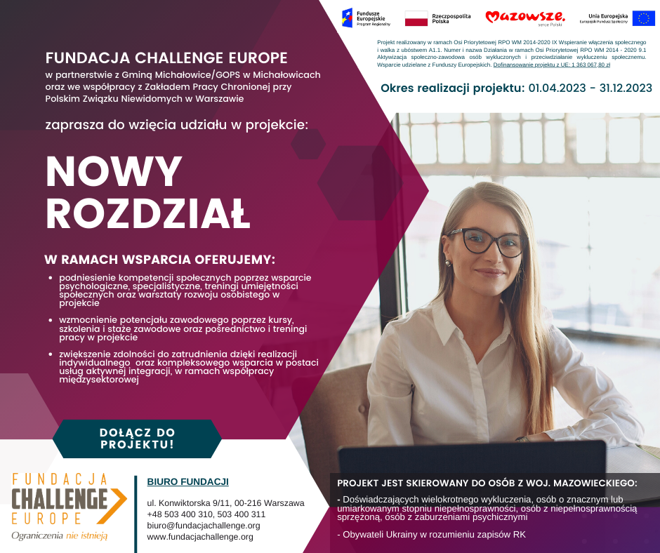 Plakat Projektu Nowy rozdział przedstawiający kobietę elegacką siedzącą w przestrzeni biurowej.