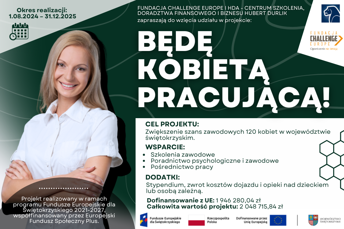 Plakat projektu "Będę kobietą pracującą!" z wizerunkiem uśmiechniętej kobiety i najważniejszymi informacjami o projekcie